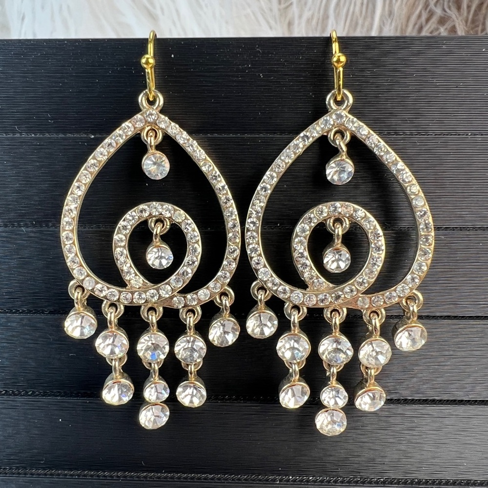 Vintage aged, goldtone bling, dressy chandelier statement,piercing earrings